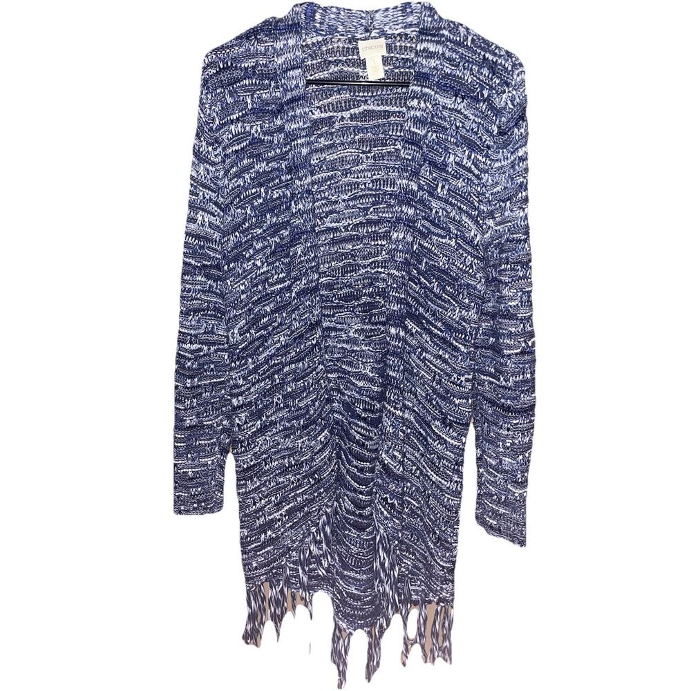 Chico Blue And White Open Front Knitted Cardigan With Boho Style Fringe Hem Sz M